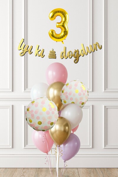 PEKSHOP Pink Gold 3 Year Old Girl Birthday Party Concept Balloon Banner Set