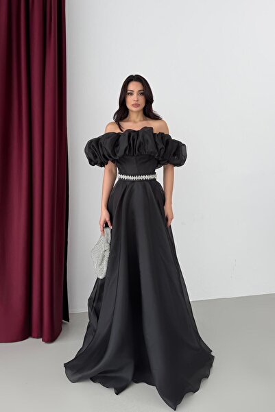 Serica Moda Rochie de seară neagră Madonna cu guler și talie brodate cu pietre