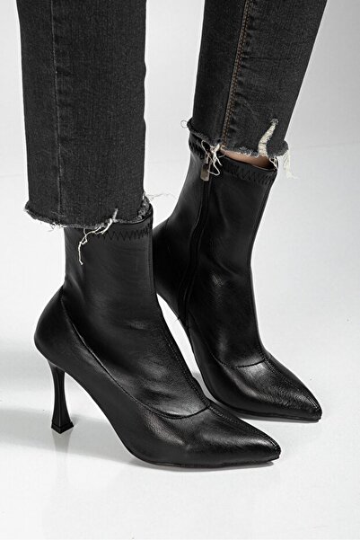 Tarz Topuklar Orjen Black Leather Stretch Heeled Boots