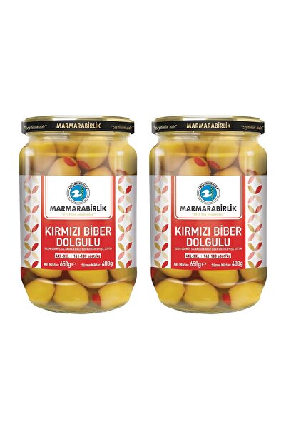 MarmaraBirlik Yeşil Kırmızı Biber Dolgulu Zeytin 400 gr Cam 4XL-3XL x 2 Adet