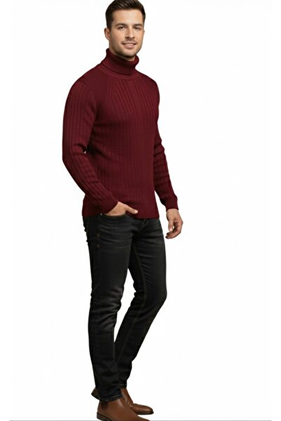 BİLGENS BUTİK Men's Burgundy Knitwear Turtleneck Sweater