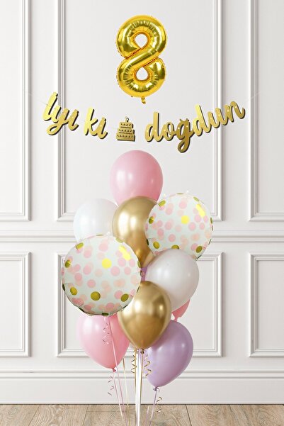 PEKSHOP Pink Gold 8 Year Old Girl Birthday Party Concept Balloon Banner Set
