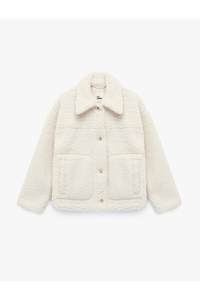 Koton Buttoned Long Sleeve Classic Collar Plush Jacket with Pocket Detail