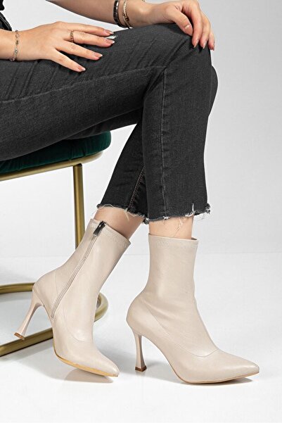 Tarz Topuklar Orjen Beige Leather Stretch Heeled Boots