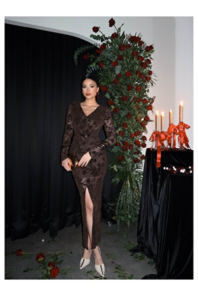 ESRAHELVACI Velvet Patterned Slit Dress with Accessories