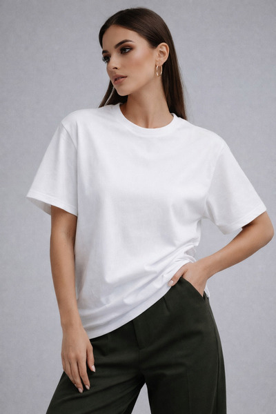 WILD BEE Tricou de damă alb, supradimensionat, din bumbac, cu decolteu tip cr...