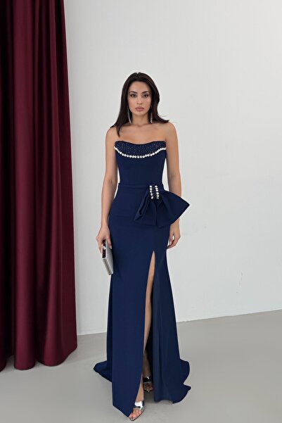 Serica Moda Navy Blue Stone Embroidered Bow Detailed Y Slit Evening Dress