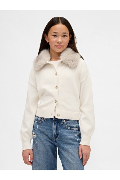 GAP Kız Çocuk Krem Faux Fur-Collar Triko Hırka