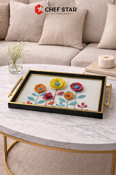 Chefstar MODERN DEKORATİF ÇAY KAHVE VE SUNUM TEPSİSİ - EL İŞÇİLİĞİ DETAYLI ŞI...