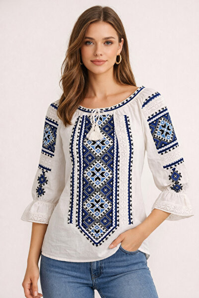 Nobrand Traditional white lady's dress with blue and black embroidery, 3/4 sl...