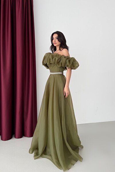 Serica Moda Haki Madonna Yaka Beli Taş İşlemeli Abiye Elbise