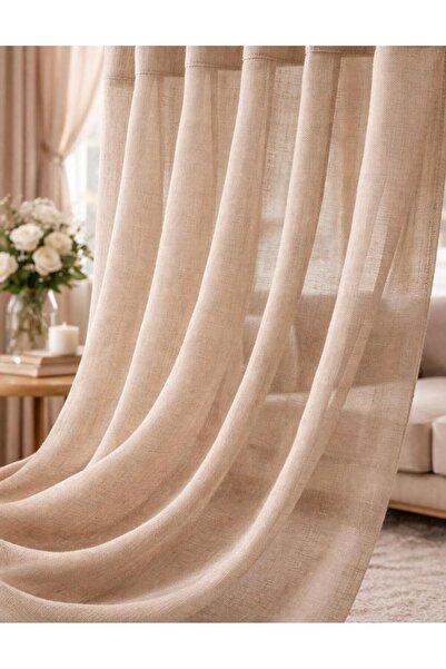 VANESSA PERDE Koyu Bej Etek Katlı Orijinal Vanessa Marka Kırışmaz Keten Tül P...