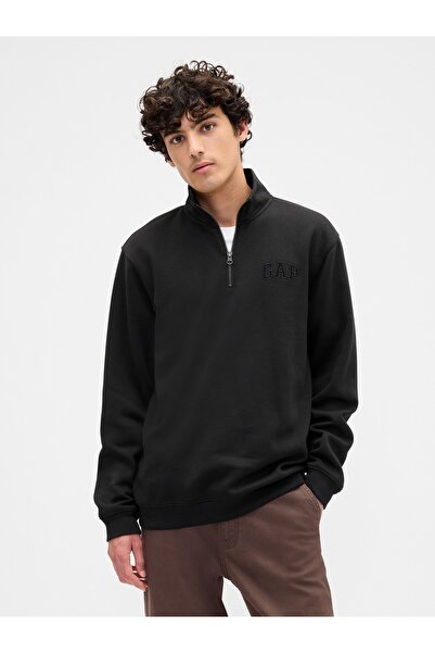 GAP Erkek Siyah Relaxed Logo Yarım Fermuarlı Sweatshirt