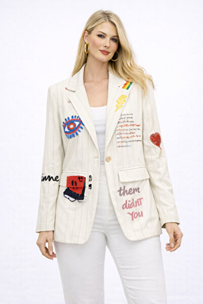 günay boutıque Appliqué Detailed Striped Oversized Blazer Jacket-White