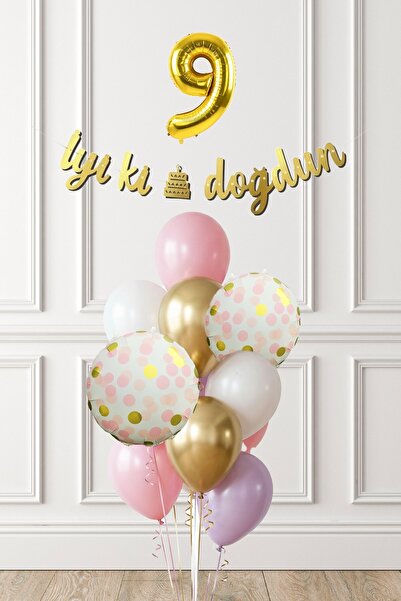 PEKSHOP 9 Year Old Pink Gold Girl Birthday Party Concept Balloon Banner Set