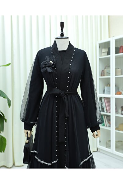 MİYALORA Gül Detaylı İncili Şeritli İkili Abaya Takımı