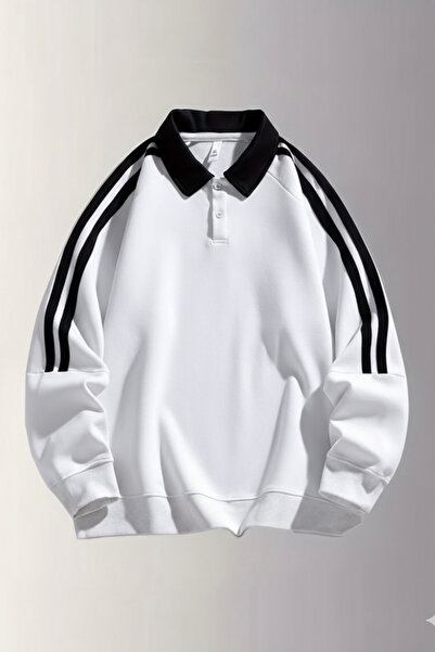 Tarz Cool Men's Black Oversized Polo Neck Sweatshirt Striped Detail Long Slee...