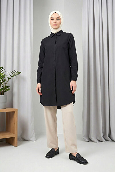MODAQU Long Placket Boyfriend Shirt - Black