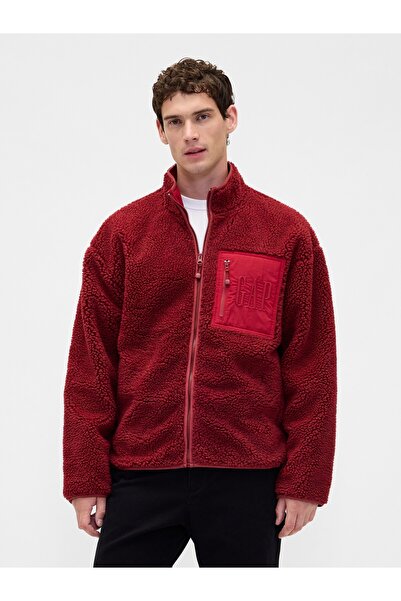 GAP Erkek Koyu Kırmızı Recycled Sherpa Oversized Logo Fermuarlı Sweatshirt
