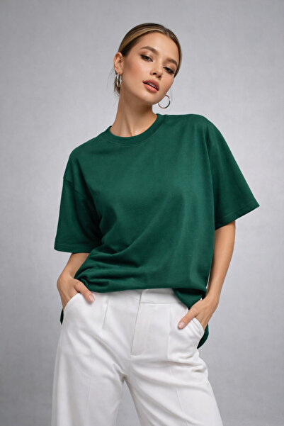 WILD BEE Tricou de damă verde, supradimensionat, din bumbac, cu guler tip cre...