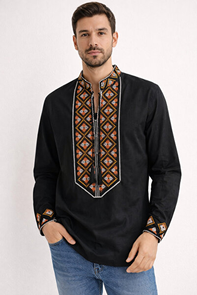 Nobrand Traditional men's black shirt with ethnic embroidery, long sleeve, au...