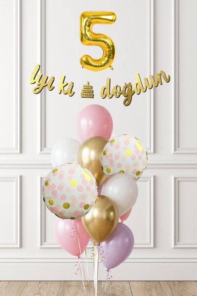 PEKSHOP Pink Gold 5 Year Old Girl Birthday Party Concept Balloon Banner Set