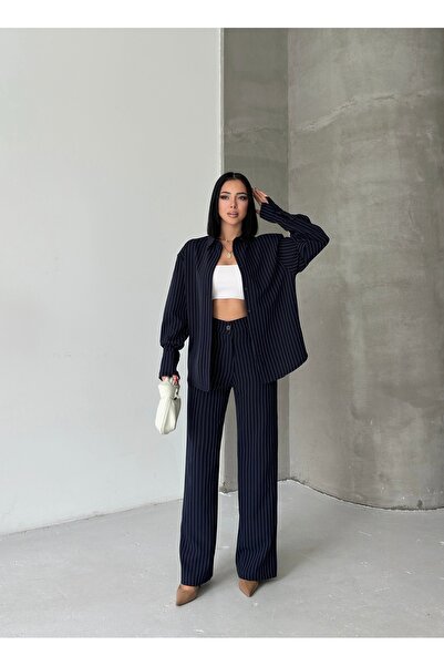 MODAMERSİ Women's Navy Blue Striped Oversized Shirt and Pants Set