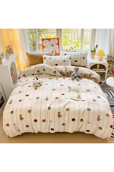 FIONNA.RO Cocolino 4-Piece Bedding Set with Fitted Sheet - Beige with Pumpkin...