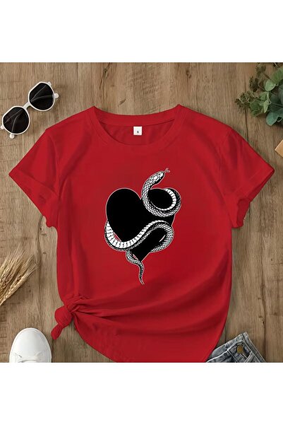 herkesemoda Basic T-Shirt with Heart and Snake Print Detail