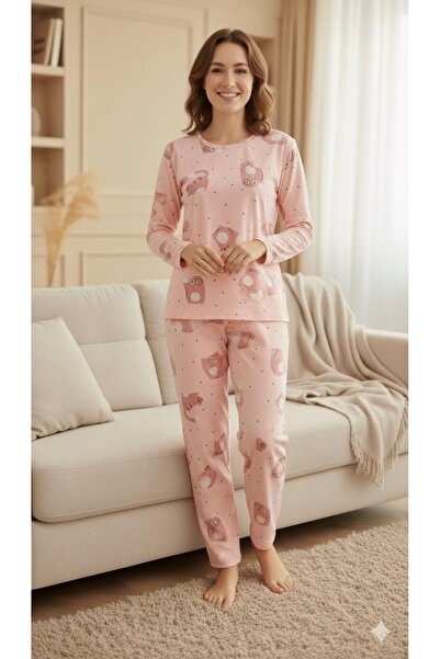 trendmodaal Pink Patterned Suede Fabric Pajama Set