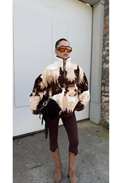 Mzr Collection KADIN KAHVE FERMUARLI GEYİK DESENLİ PELUŞ SWEATSHİRT