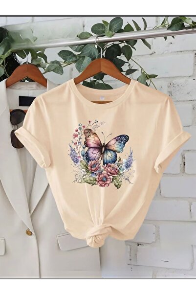 herkesemoda Butterfly Moon Print Detailed Basic T-Shirt