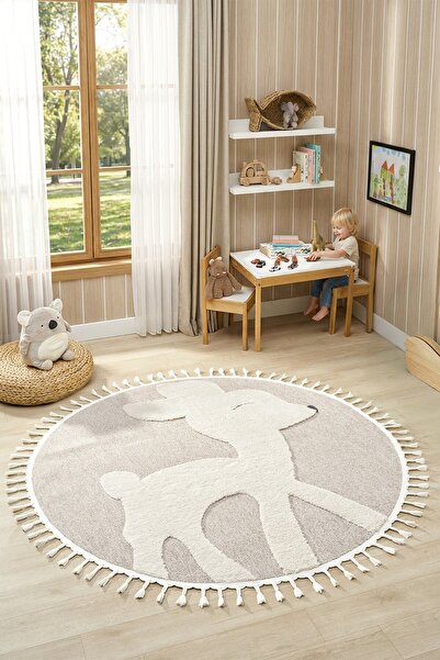 Eliz Home Daire Yuvarlak Bej Krem Yumuşak Bukleli Dokuma Halı Bebek Odası Çoc...