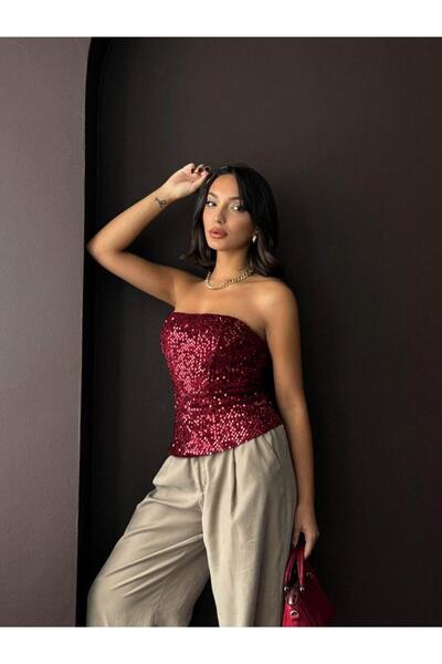 CKM MODA Rubina Sequined Strapless Blouse Burgundy