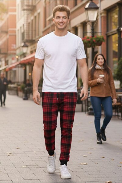 NAP Men's Red Plaid Sweatpants – with Pockets, Ribbed Knit Legs