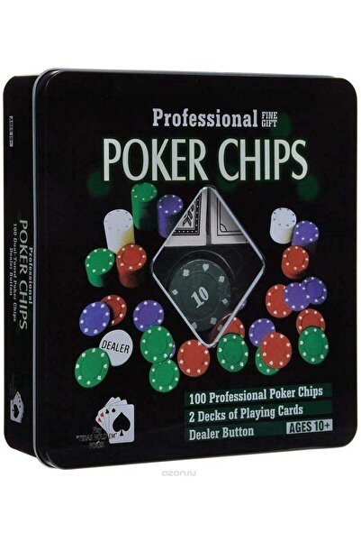 Generic Poker Set with Metal Box, 100 Chips +2 Decks of Cards+Dealer Token
