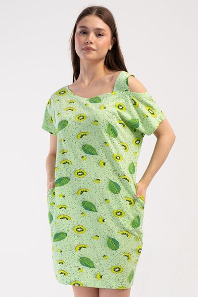 VİENETTA Women's Low Sleeve One Shoulder Patterned Green Nightgown Tunic C2T4...