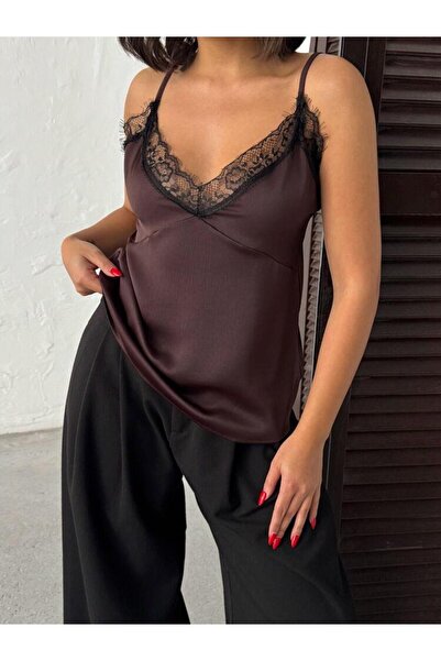 CKM MODA Noiria black lace detailed satin strap women's tank top - coffee