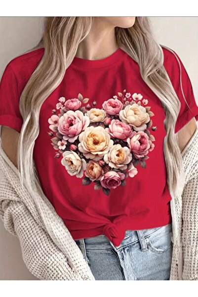 herkesemoda Basic T-Shirt with Heart Flowers Print Detail