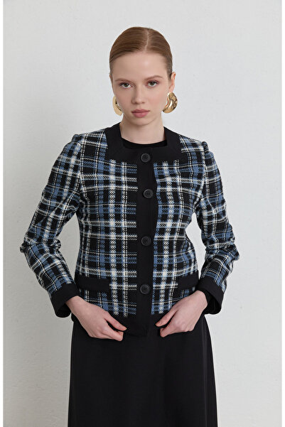 Fatma Atasoy Garnili Ekose İndigo Tüvit Ceket