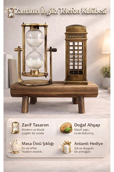 FaroxTech Ahşap Kaideli Dekoratif Kum Saati ve Nostaljik İngiliz Telefon Kulü...