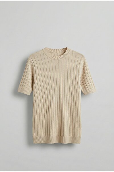 ablukaonline Ανδρικό κοντομάνικο πλεκτό μπλουζάκι σε σκούρο μπεζ χρώμα