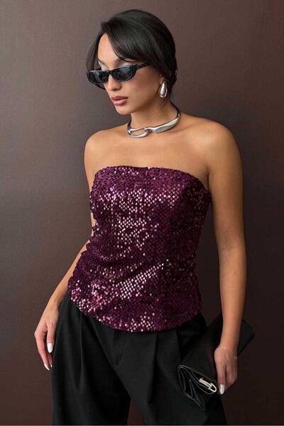 CKM MODA Rubina Sequined Strapless Blouse Plum