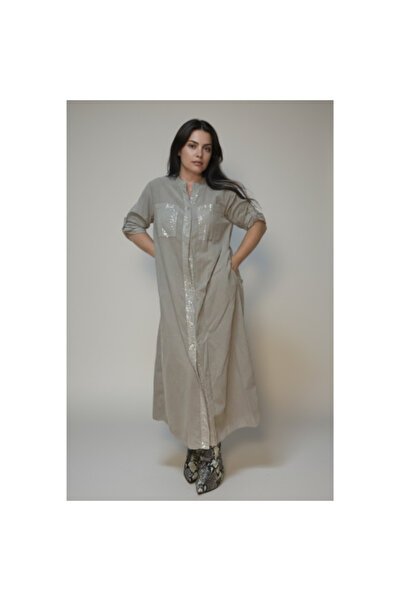 FeteRL Velvet Shirt Dress with Sequins, Light Gray