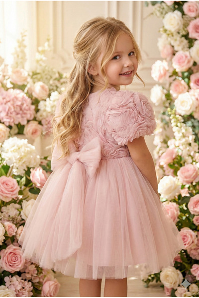 ALYRA Rochie pentru fetițe cu mânecă scurtă, tutu din tul cu trandafiri 3D și...