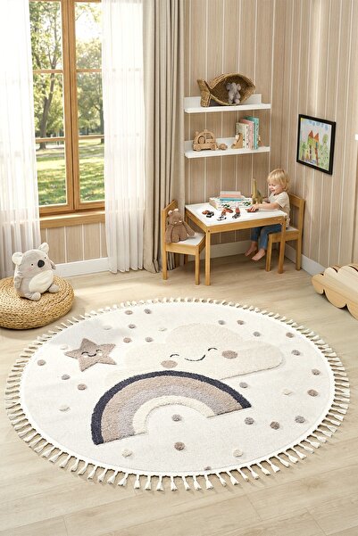 Eliz Home Daire Yuvarlak Yumuşak Bukleli Gökkuşağı Figürlü Dokuma Halı Bebek ...