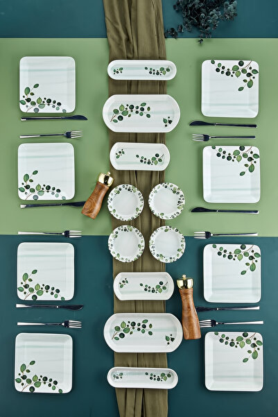 ers erbaşlar Okaliptüs Yeşil 18 Parça 8 Kişilik Lüx Kare Kahvaltı Takımı, Kah...