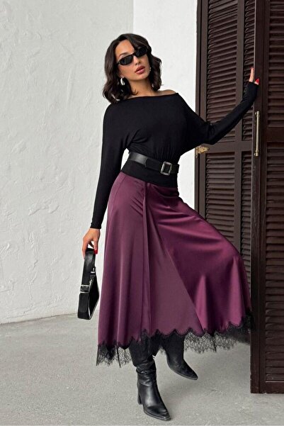 CKM MODA Lua Lace Detailed Satin Midi Skirt Plum