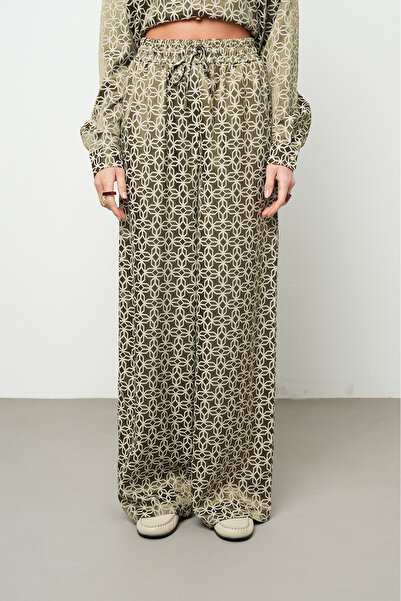 Orfeo Negro Women's Khaki Prism Geometric Patterned Silky Palazzo Trousers