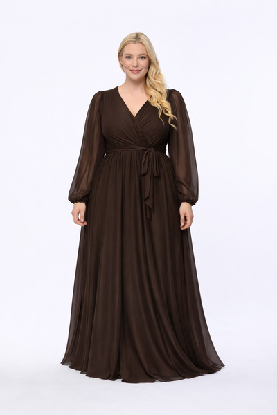 IŞILTI Kadın Şık Kahverengi Şifon Kruvaze Yaka Dökümlü Beli Kuşaklı Esnek Büy...